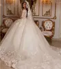 2024 Кружевные свадебные платья Бальное платье принцессы с бисером Свадебные платья Блестящий тюль с длинными рукавами цвета слоновой кости Дубай Vestidos De Novia Robe De Mariage