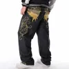 Herr jeans 2023 stor storlek 30-44 46 mode lösa stora fickor hip-hop skateboard casual män denim svart design märke