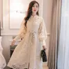 Bllocue High Quality 2020 Autumn Runway Long Dress Women Single-Breasted Lantern Sleeves Hollow Embroidered Lace Sashes Dress MX20177H