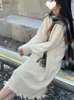 Basic Casual Dresses for Women 2023 Autumn Solid Long Versatile V-Neck Temperament Robe Streetwear Broke Hole Tassel YQ231025