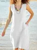 Grundläggande avslappnade klänningar 2023 Kvinnor O Neck Dress Summer ärmlös fick Lady Office Solid Color Loose Cotton Linen Mid Length Dreses YQ231025