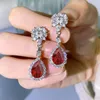 Charm Flower Ruby Diamond Dangle Earring 100% Real 925 Sterling Silver Wedding Drop Earrings For Women Bridal Promise SMYELLT
