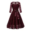 Casual Dresses French Mature Ladies Elegant Lace Dress 3/4 Sleeve Midjeband Slim Fit Square Neck A-Line