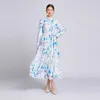 Women Boho Maxi Dress France Designer Lantern Sleeve Bow Belted Slim Blue Floral Print Party Dresses Robe 2023 Autumn Winter Runway Stand Collar Vacation Frocks