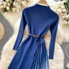 Grundlegende Casual Kleider Blau Gestrickte Patchwork Plissee Frauen Roben Mujer Rollkragen Handgelenk Ärmel Spliced Gradienten Elegante Dame Pullover Kleid YQ231025