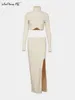 Work Dresses Sexy Turtlenecks Ribbed Knitted Skirts Suits Two Pieces Office White Sets Ladies Split Midi Skirt 2-Piece Set