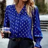 Damesblouses Herfst Mode Effen Lange Mouw Dames Shirts Elegant Gedrukt Blauw V-hals Top Casual Losse Blusas Mujer 28260