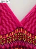 Robes décontractées Zevity Femmes Mode Col V Couleur Correspondant Crochet Tricot Sling Robe Midi Femme Chic Sans Manches Gilet Robes 4626