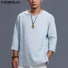 Stylish Mens Shirts Cotton Three Quarter Sleeve Folded V Neck Plain Chinese Style Tee Shirt Loose Tops Man Camisas Men Clothing CJ273S