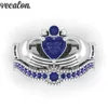 Vecalon Lovers Claddagh-Ring mit blauem Geburtsstein, 5A Zirkon Cz, Weißgold gefüllt, Verlobungsring, Ehering-Set für Damen und Herren, Geschenk 255 x