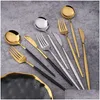 Ensembles de vaisselle 4 couleurs Vaisselle occidentale Durable Couverts en acier inoxydable Couteau Fourchette Soupe Dessert Crème glacée Cuillère Couverts Golden Ta Dhi62