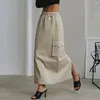 Röcke Damen Rock Arbeitskleidung 2023 Sommerkleid Offizielle Kleidung Damen Kordelzug Elastische Taille Doppeltaschen Baumwolle Hoch