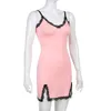 Casual Kleider Frauen V-ausschnitt Rosa Dünne Micro-gabelte Spitze Kleid Y2K Sexy Dünne Hüfte Wrap Strap Tank Kurze strand Party Club Süße