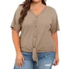 Chemisier Femme Tunique en Tricot Gaufré Chemisier Femme Grande Taille Hauts Manches Courtes Col en V Cravate Bouton Avant Chemises Lâche Décontracté À Lacets Blusas Y