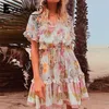 Everkaki Vintage Women Floral Print Tassel Ruffles Beach Bohemian Mini Dress Ladies Roose Vネックレーヨンボーホードレス新しいT200604260W