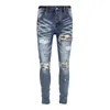 Amares Designer Heren Jeans Paarse Jeans High Street Hole Star Patch Heren Dames Amares Star Geborduurde Paneelbroek Stretch slanke broek28-40