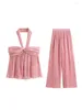 Women's Two Piece Pants Women 2023 Pink 2 Sets Chiffon Suits Summer Pleated Sleeveless Halter Crop Top Wide