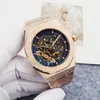 Högkvalitativ Mens Luxury Watch Automatisk mekanisk designer Watch 42mm Hollow Dial Stainless Steel Strap Gold Rose Gold Color Scheme