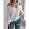 2023 Autumn Winter Sweaters Womens Casual Solid Color Sexy Deep V-neck Off Shoulder Lantern Sleeve Sweaters Top For Ladies