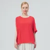 Women's T Shirts Silk 30mm Heavy Dream Red Round Neck Off-the-shoulder Asymmetric Open Line Decorative Hem Split Simple T-shirt BE702