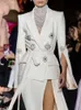 Kadın Suit Blazers Lüks Tasarımcı Zarif Sonbahar Ceket Seksi Vneck Uzun Kollu Kristal Elmas Kuşak Beyaz Ceketler Takım 231025