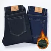 Jeans pour hommes 2023 hiver polaire chaud épaissi droit coton stretch denim pantalon affaires décontracté marque noir bleu pantalon