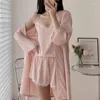 Women's Sleepwear 3PC Pajamas Set Sexy Bathrobe Strap Top&Shorts Sleep Suit Women Robe Intimate Lingerie Summer Satin Home Wear Outfits