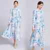 Women Boho Maxi Dress France Designer Lantern Sleeve Bow Belted Slim Blue Floral Print Party Dresses Robe 2023 Autumn Winter Runway Stand Collar Vacation Frocks