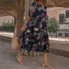 Basic Casual Dresses Women Short Sleeve Flowers Printing Long Skirt 2023 Spring Summer New Fashion Retro Round Neck Loose Bohemia Dress YQ231025