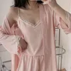 Women's Sleepwear 3PC Pajamas Set Sexy Bathrobe Strap Top&Shorts Sleep Suit Women Robe Intimate Lingerie Summer Satin Home Wear Outfits