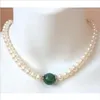 Vacker 8-9mm South Sea White Pearl Green Jade Halsband 14K Guldlås 18 250K