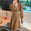 Casual Dresses Fall 2023 Long Sleeve French Romantic Flounce Trim Lace Up High Waist Slimming Corduroy Dress