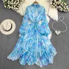 Basic Casual Dresses Retro Floral Print Bandage Elegant Chiffon Dress A-line Lantern Sleeve Lace-up High Waist Women Summer YQ231025