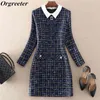 Arrivée revers contraste couleur perlée noeud papillon a-ligne Tweed robe femmes bleu marine laine courte grande taille S-XXL 210525251D