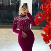 Crystal Muslim Evening Dresses High Neck Long Sleeve Arabic Dubai Formell klänning Pleat Satin Kanfan Mermaid Prom Dress