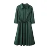 Vestidos casuales elegante cuello de solapa verde camisa delgada para mujeres otoño oficina dama manga larga tres botones vestido midi con cinturón