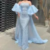 Luxury Long Dubai Evening Dresses Sky Blue Strapless Beads Sequined Mermaid Floor Length Bridal Party Gowns