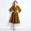 Women Midi Yellow Dress with Belt Luxury Designer Long Sleeve V-Neck Satin Ruched Patchwork Jacquard Slim Party Flare Dresses 2023 Autumn Winter Cute Vacation Frocks
