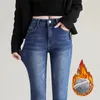 Kvinnor jeans kvinnor termisk vinter snö varm plysch lady mager förtjockar fleece denim långa byxor retro blå pennbyxor 231025