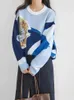 Suéter feminino solto jacquard pulôver casual gola redonda azul suéter quente outono e inverno moda vintage para mulheres 2023