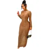 Casual Dresses 2023 Top Quality Young Sexy See Through Lace Plaid Roound Neck Full Sleeve High Waist Women Long Pencil Spit Skinny Dress