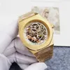 Högkvalitativ Mens Luxury Watch Automatisk mekanisk designer Watch 42mm Hollow Dial Stainless Steel Strap Gold Rose Gold Color Scheme