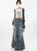 Etek s vintage uzun denim etek moda Kore tarzı kurdele bir çizgi harajuku sokak kıyafetleri y2k 90s pippie jean kıyafetleri 231025