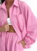 Mulheres sleepwear linad rosa pijama para mulheres 2 peças conjuntos soltos manga longa feminino casa ternos com shorts outono casual nightwear