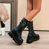 Buty 2023 Nowe kliny platformy mody Buty motocyklowe dla kobiet Bucklel Pasek Kolanne Wysokie buty Popularne buty Kobieta Goth Gothic 43L231025