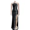 Odzież Summer Kobiety Diamonds Hot Rhinestone Cequined Skew Neck High Side Slit Bodycon Midi Party Evening Maxi Long Dress