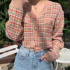 Kvinnors stickor 2023 Autumn Winter Women Sweater Cardigans Plaid överdimensionerad V Neck Sticked Girls Outwear Korean Chic Tops Kawaii #CC520