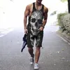 Herrspårar Summer 3D Harajuku Skull Vest Matching Shorts samma färgstil manlig kamisolficka dragkammare avslappnad jogging outfit