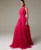 Robe de soirée longue vintage en tulle fuchsia avec ceinture, ligne a, col bijou, robe de bal à plusieurs niveaux, longueur au sol musulmane, robe de soirée avec train Watteau pour femme