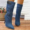 Bottes Bout pointu bottes de mode Denim tissu chaussures pour femmes 2023 nouveau mince talon haut mi-mollet rétro bleu élégant mi-longueur Denim bottes T231025